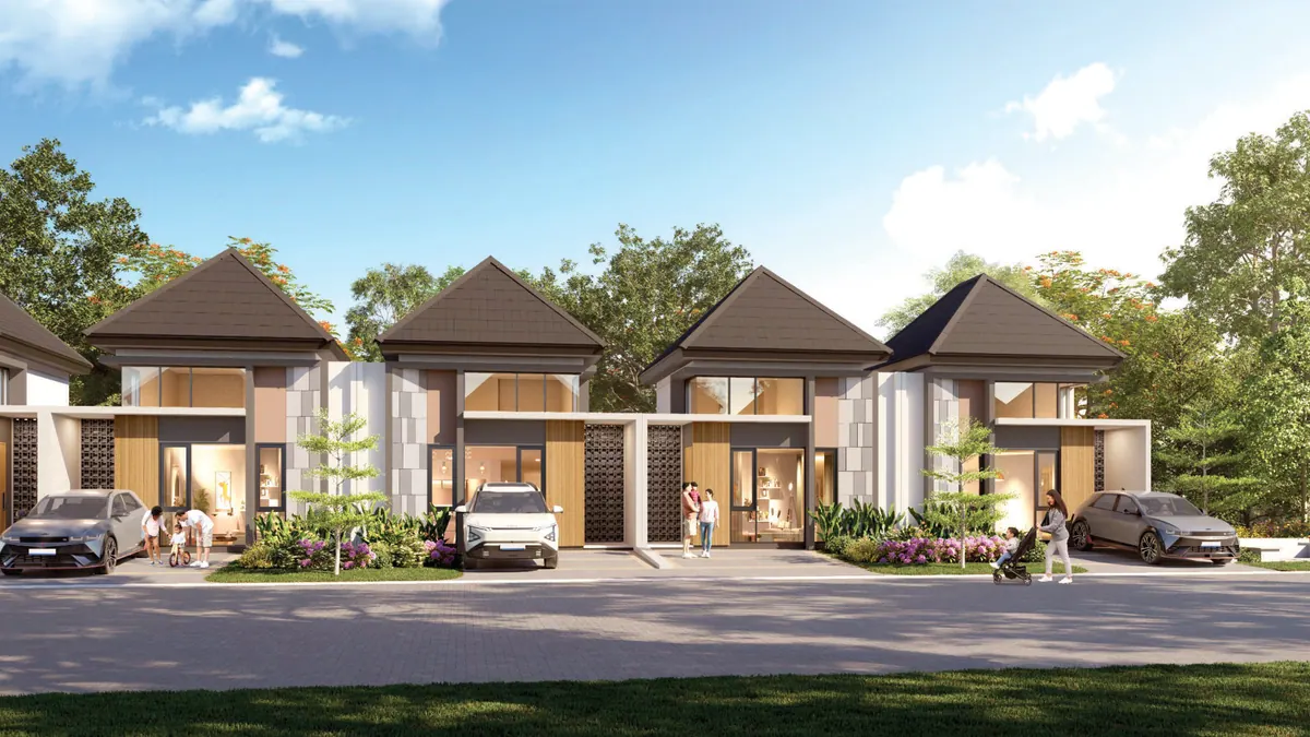 Render rumah Elaia Origin dan keluarga di depan rumah, CitraGarden Serpong