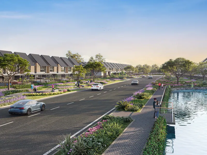 Render jalan cluster Gavius Garden Home di tepi danau, CitraGarden Serpong