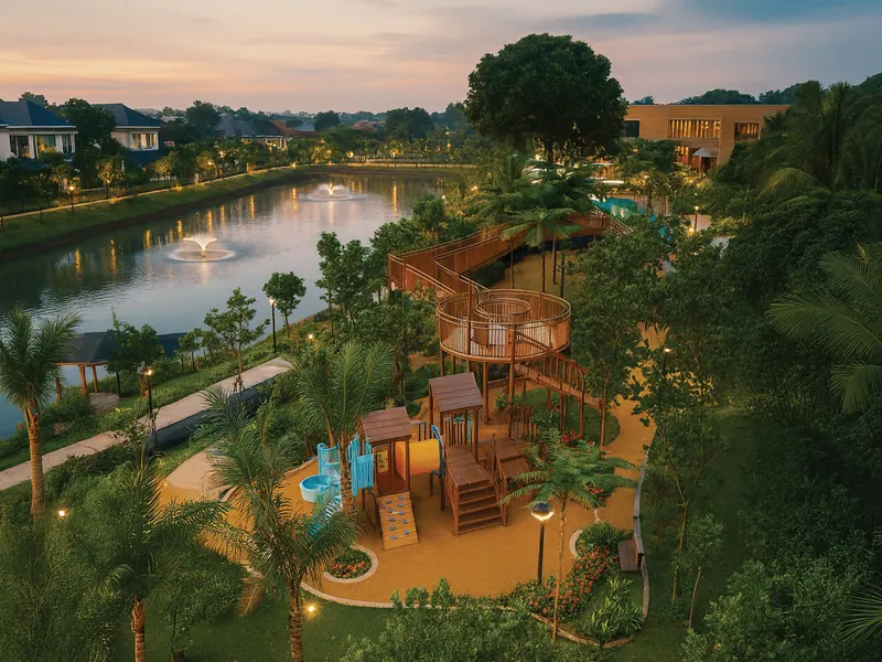 Render treehouse dan playground Resort Club LakePark di tepi danau Lacovia, CitraGarden Serpong
